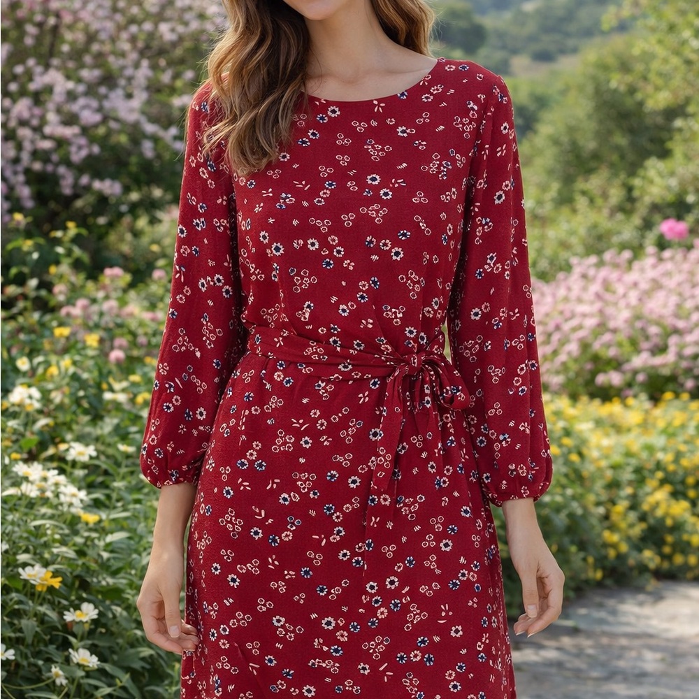 entro Red Floral Long Sleeve Tie-Waist Dress